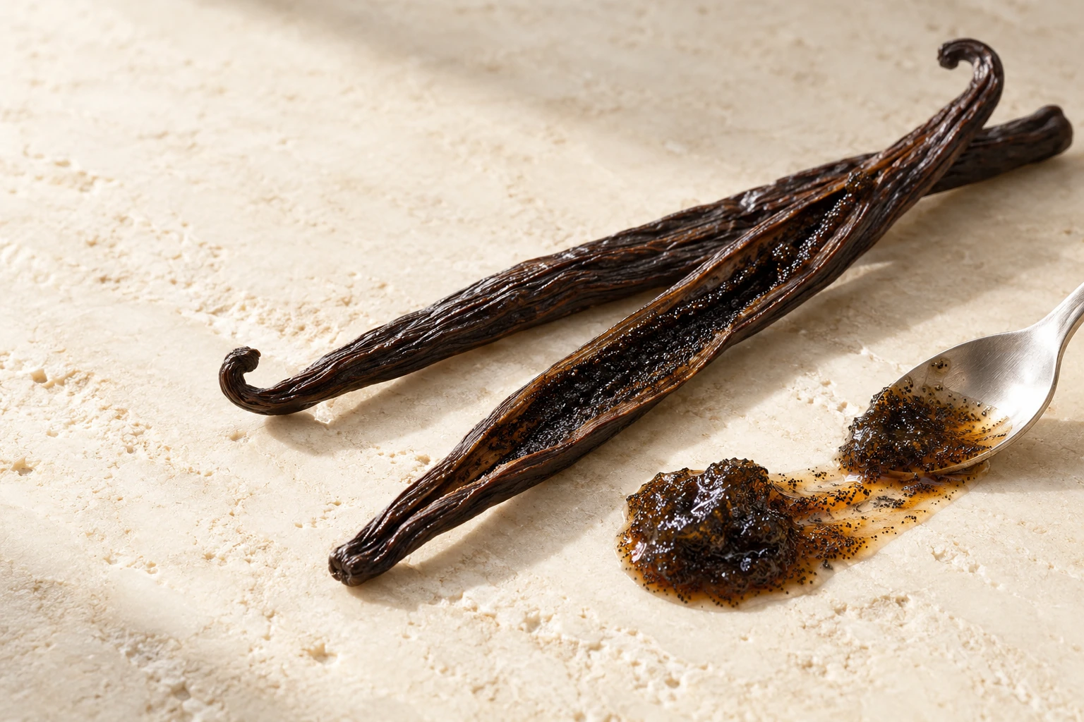 Illustration of vanilla seeds and texture, without representing the commercial product